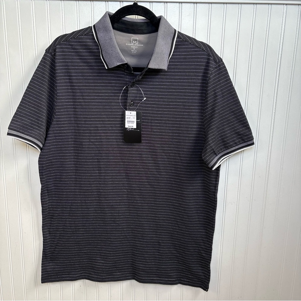 Michael Strahan Black & White Dotted Stripe Short Sleeve Polo Shirt Medium NEW